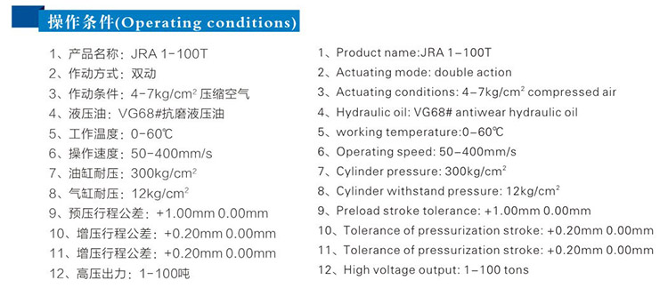 标准型增压缸操作条件
