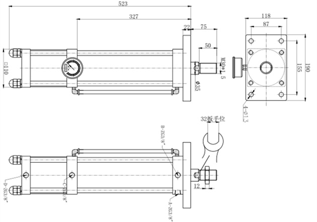 JRNT复合式倒装型气液增压缸产品外形尺寸图